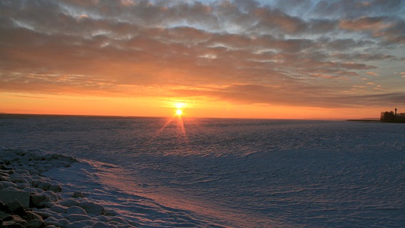 Die Sonne geht dicht am Horizont über einer schneebedeckten Landschaft auf. © NDR Foto: Beate Grimm aus Brandshagen