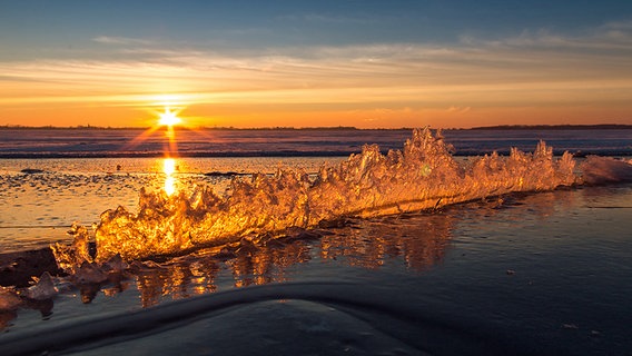 Die Sonne geht am Horizont unter und lässt den vereisten Strand im schönen Licht erscheinen. © NDR Foto: Uwe Kantz aus Hinrichshagen bei Greifswald