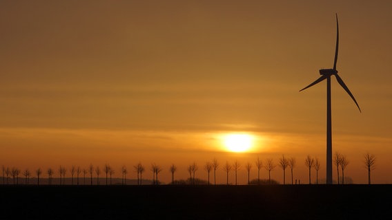Sonnenaufgang hinter einem Windrad. © NDR Foto: Silvia Schmidt aus Greifswald