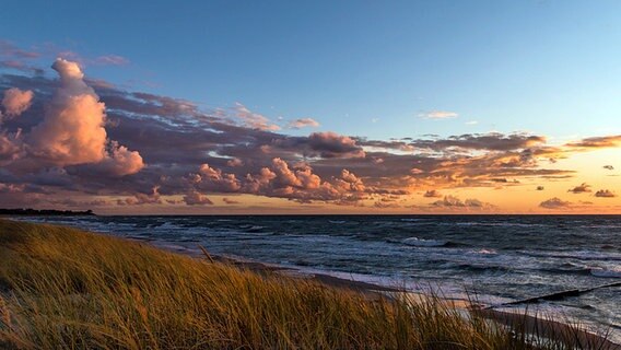 Blick über eine Düne auf das Meer bei Sonnenuntergang © NDR Foto: M.Börger aus Güstrow