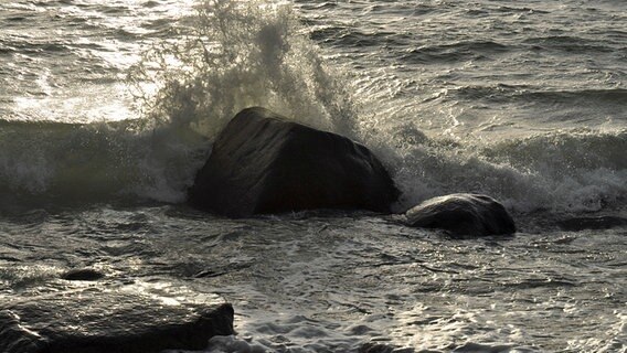 Eine Welle bricht an einem Steinbrocken © NDR Foto: Max Bachmann aus Sassnitz