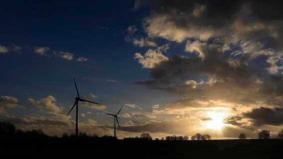 Zwei Windräder stehen bei Sonnenuntergang auf einem Feld. © NDR Foto: Helmut Kuzina aus Wismar