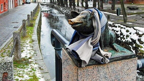 Schweineskulptur mit Schal © NDR Foto: Helmut Kuzina aus Wismar