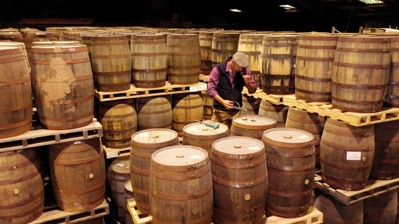 In der Whisky-Destillerie lagern viele Fässer. © NDR 