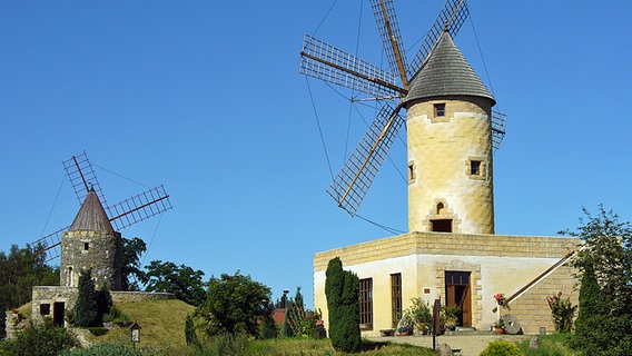 Links die französische, rechts die spanische Mühle. © Ph. Oppermann/Mühlenmuseum Foto: Ph. Oppermann/Mühlenmuseum