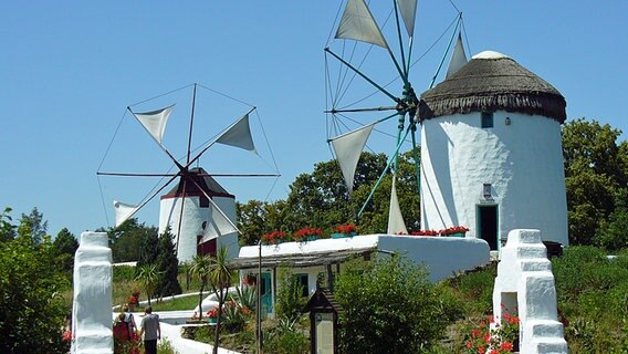 Eine portugisische und eine griechische Mühle. © Ph. Oppermann/Mühlenmuseum Foto: Ph. Oppermann/Mühlenmuseum