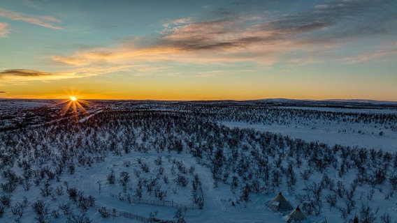 Die Sonne geht auf vor einer schneebeckten Landschaft mit Bäumen © NDR 