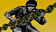 Ein Soldat hält einen überdimensionalen Genstrang in Händen (Bild auf dem Cover des Buches: "Aids. Die Spur führt ins Pentagon" von Jakob und Lilli Segal) © ARD 