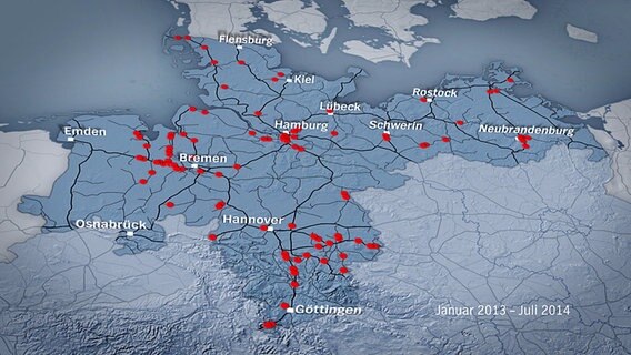 Grafik: Langsamfahrstellen der Bahn in Norddeutschland auf einer Karte und Gewinne der Bahn in einzelnen Jahren. © NDR 