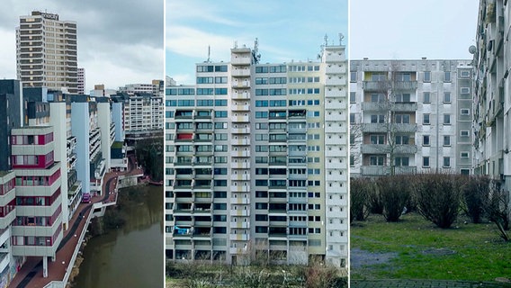 Eine Collage von drei Hochhaussiedlungen. © NDR Foto: Screenshot