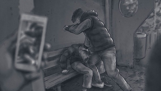 Zeichnung, wie ein Jugendlicher einen anderen verprügelt und die Szene mit dem Handy filmt. © NDR 