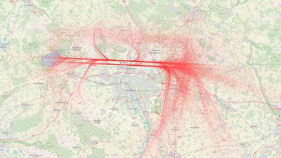 Eine Karte zeigt die Flugstrecken rund um den Flughafen Hannover © Travis/Flughafen Hannover/OpenStreetmap Mitwirkende 