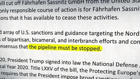 Brief der US-Senatoren bezüglich Nord Stream 2 mit Aufforderung, den Bau zu stoppen. © NDR Foto: Screenshot