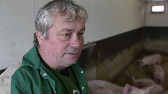 Bauer Torsten Roders steht mit seinen Schweinen im Stall in mecklenburgischen Viecheln. © NDR 