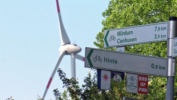 Wegweiser, im Hintergrund eine Windkraftanlage. © NDR Foto: Screenshot