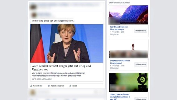 Timeline-Foto Facebook - "Auch Angela Merkel bereitet Bürger jetzt auf Krieg und Unruhen vor" © NDR 