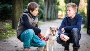 Till (Otto von Grevenmoor, links) und Tom (Vincent Grages) hocken neben Hündin Socke. © NDR/Studio HH Foto: Boris Laewen