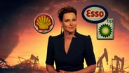 Moderatorin Anja Reschke zwischen Ölpumpen/Tiefpumpen/Pumpjack und den Logos der Mineralunternehmen Esso, Shell und BP. Reschke Fernsehen vom 01.06.2023 im Ersten. © NDR / Reschke Fernsehen Foto: Thorsten Jander