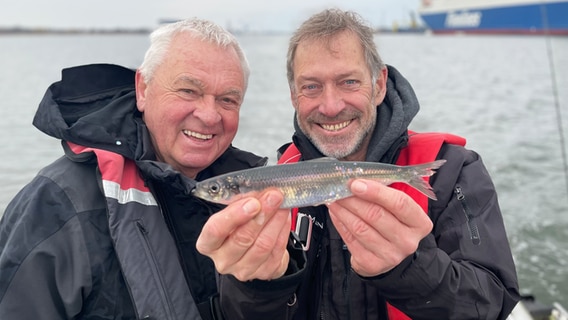 Heinz Galling und Horst Hennings halten einen Hering in die Kamera © NDR 