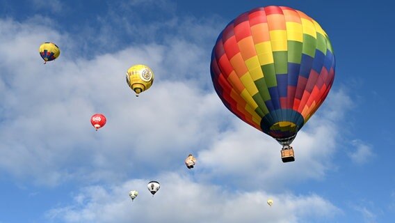 Fliegende Heißluftballons vor einem Wolkenlosen Himmel. © Sybille Eumann Foto: Sybille Eumann