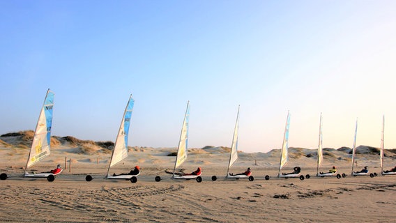 Mehrere Strandsegelschiffe fahren über den Sand in SPO © NDR Foto: Boris Pfau
