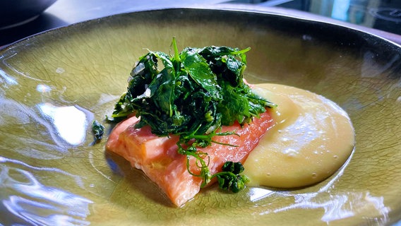 Served on a plate of salmon trout with wild spinach, hollandaise and rhubarb.  © NDR/ SH Magazine 