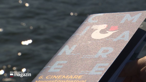 Der Flyer des Filmfestivals Cinemare ist vor dem Hintergrund der Ostsee zu sehen. © NDR 