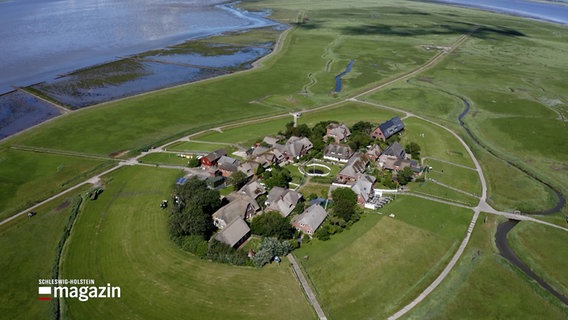 Eine Drohnenaufnahme zeigt die Häuser auf Hallig Oland von oben bei strahlender Sonne. © NDR 