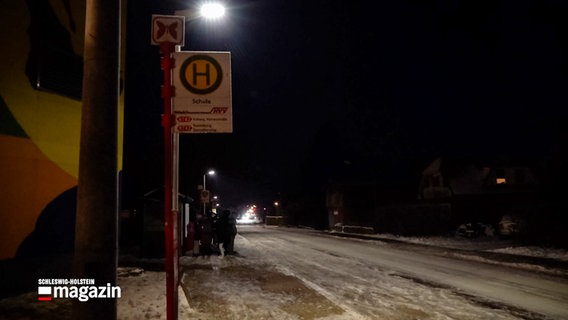 Eine LED-Laterne beleuchtet eine Bushaltestelle an einem winterlichen Morgen im Kreis Herzogtum Lauenburg. © NDR 