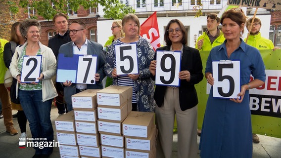 Mehrere Personen halten auf einzelnen Klemmbrettern die Zahl 27.595 vor dem Kieler Landtag hoch. © NDR Foto: NDR Screenshots