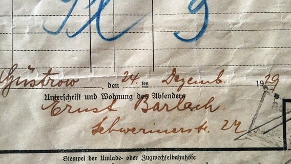 Das Foto zeigt den Versandschein von Ernst Barlach. Das Foto zeigt den Versandschein von Ernst Barlach. © Screenshot Foto: NDR