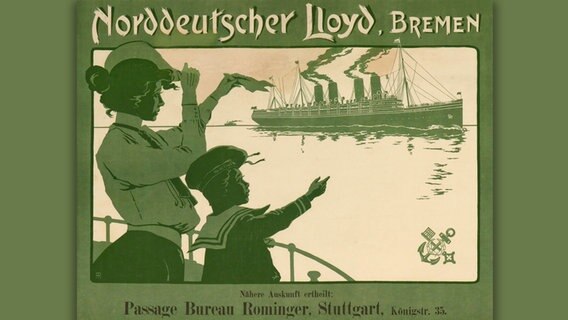 Ein historisches Plakat der Norddeutschen Lloyd in Bremen zeigt eine junge Frau und einen Jungen an Bord eines Schiffes auf ein anderes Schiff gucken.  