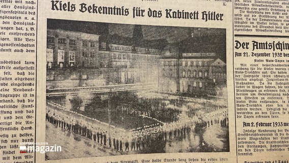 Eine historische Aufnahme zeigt einen Zeitungsausschnitt von 1933 mit der Schlagzeile "Kiels Bekenntnis für das Kabinet Hitler". © Schleswig-Holsteinisches Landesarchiv 