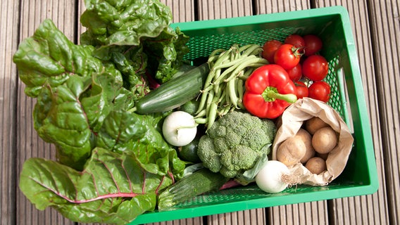 Eine Kiste mit verschiedenenen Gemüsesorten. © NDR Foto: Claudia Timmann
