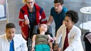 Überraschend platzt Stefan Richter (Martin Kaps, h.r. mit Komparsin, h.l.) mit seiner Tochter Nele (Lotta Teufel, M.) ins Johannes-Thal-Klinikum. Das Mädchen ist beim Klettern abgestürzt und schwer verletzt worden. Oberarzt Dr. Matteo Moreau (Mike Adler, l.) und Vivienne Kling (Jane Chirwa, r. mit Komparsin) müssen eine Not-OP durchführen. © NDR/ARD/Jens-Ulrich Koch 