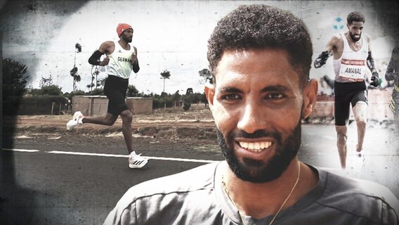 Die Collage zeigt den Marathonläufer Amanal Petros. Im Hintergrund beim Training in Kenia.  