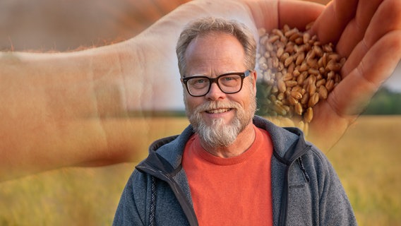 Collage: Landwirt Reiner Bohnhorst lächelt in die Kamera. Im Hintergrund ist eine Hand mit Getreidekörnern zu sehen. © NDR/Lutz Geissler 