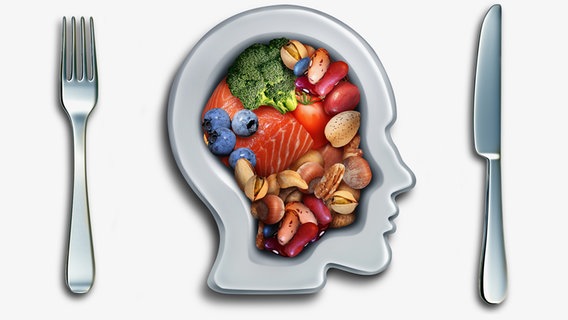 In einer Grafik sind Lebensmittel in einem Kopf abgebildet. © Colourbox Foto: -