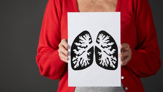 Eine Frau hält sich ein Blatt Papier vor den Brustkorb, auf dem eine gezeichnete Lunge zu sehen ist. © Colourbox 