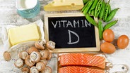 Auf einer Tafel, die zwischen Eiern, Butter, Lachs und Pilzen liegt, steht das Wort Vitamin D. © fotolia.com Foto: bit24