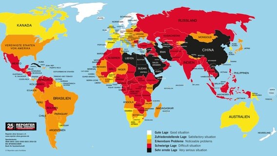 Weltkarte mit farblichen Markierungen zur Pressefreiheit 2019 © Reporter ohne Grenzen 