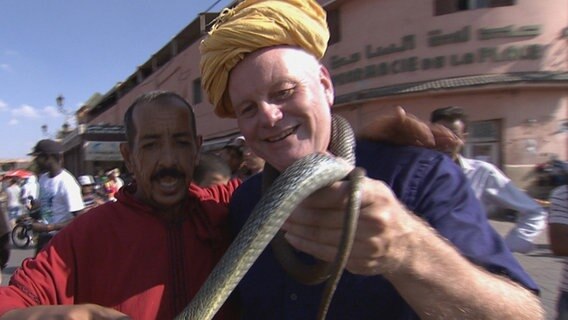 Stefan Schaaf trägt einen Turban und hat eine Schlange um den Hals gewickelt Stefan Schaaf trägt einen Turban und hat eine Schlange um den Hals gewickelt