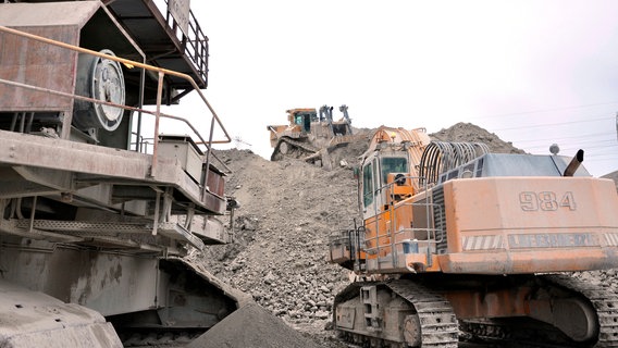 Beim Abbau des Kalkmergel in der Grube von Höver kommen schwere Maschinen zum Einsatz: Kettenraupen, Bagger und der mobile Brecher. © NDR/FILMBLICK Hannover 