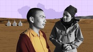 Bildmontage: Young Adventurer Julia spricht mit einem Mönch in der Mongolei. © NDR 