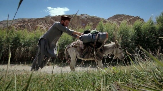 Reporter Samuel Häde mit einem Esel in Afghanistan. Er versucht das Tier zum Weitergehen zu bewegen. © NDR 