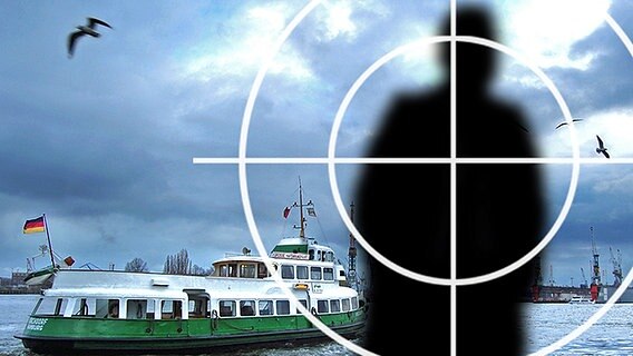 Altes Hadag Schiff im Hamburger Hafen. Typisches Hamburger Schmuddelwetter mit tief fliegenden Möwen. Im Vordergrund eine unscharfe, männliche Silhouette mit einem Fadenkreuz davor. © Hamburg: Gitte Alpen, NDR Bildredaktion, Silhouette: © Foerschtli - Fotolia.com Foto: Hamburg: Alpen, Silhouette: © Foerschtli