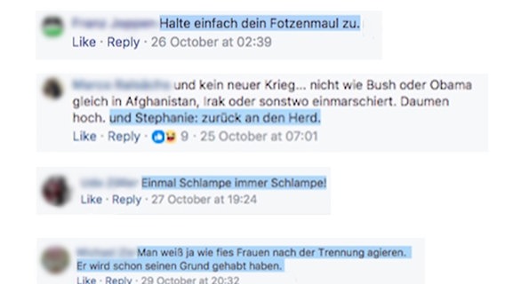 Beleidigende und sexistische Facebook Kommentare gegen Frauen. © NDR 
