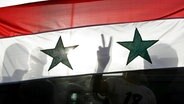 Hinter einer syrischen Fahne machen Protestler das Victory-Zeichen © picture alliance / landov 