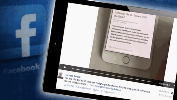 Ein Tablet zeigt das Facebook-Video von Torsten Beeck, der den ersten "Instant Article" von "Spiegel Online" bei Facebook vorstellt. © Torsten Beeck / Facebook Foto: Screenshot