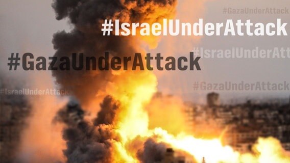 Fotomontage der Hashtags #GazaUnderAttack und IsraelUnderAttack vor einer Explosion © picture alliance / AA / NDR Foto: Ali Jadallah